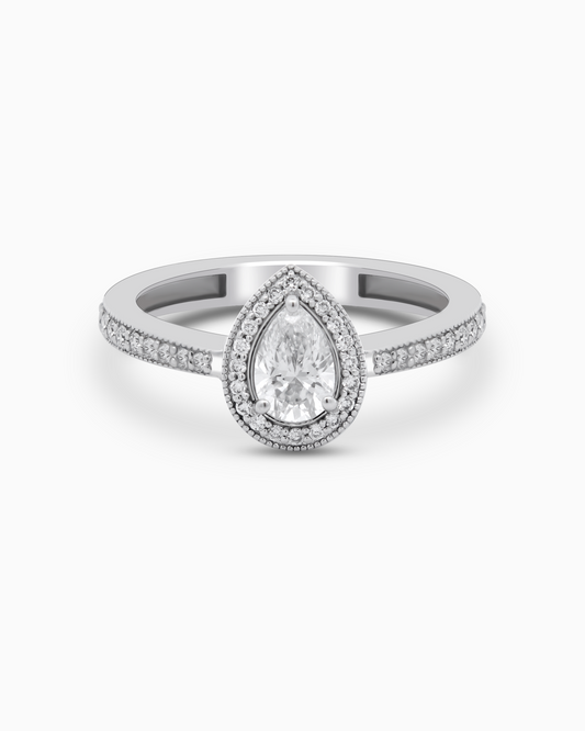 Lab Grown Diamond Pear Halo Pavé Ring – 18K White Gold, 0.79 CTW