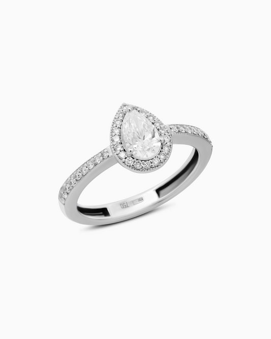 Lab Grown Diamond Pear Halo Pavé Ring – 18K White Gold, 0.79 CTW